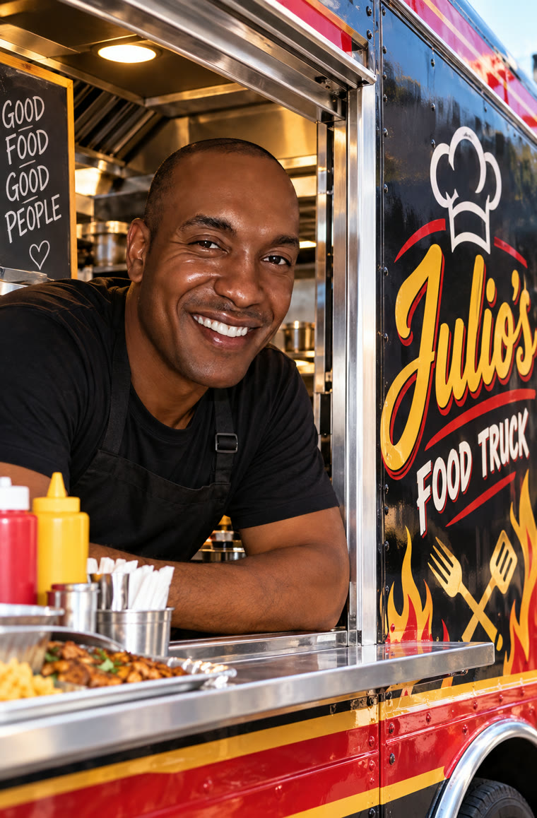 Julio leaning out of the window of his food truck